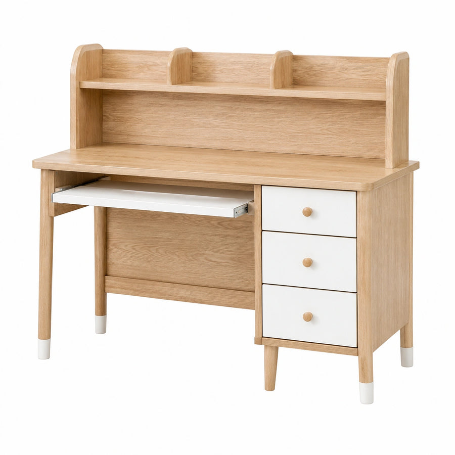 Bureau en bois de chêne blanc Narqevix, 140 cm, avec tiroirs et tablette coulissante, style scandinave.