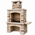Barbecue de jardin Narqevix en pierre beige, 120x70x230 cm, avec cheminée et grille réglable visible en image.
