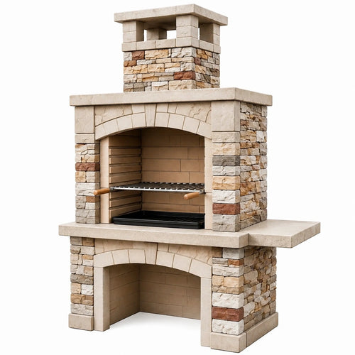 Barbecue de jardin Narqevix en pierre beige, 120x70x230 cm, avec cheminée et grille réglable visible en image.