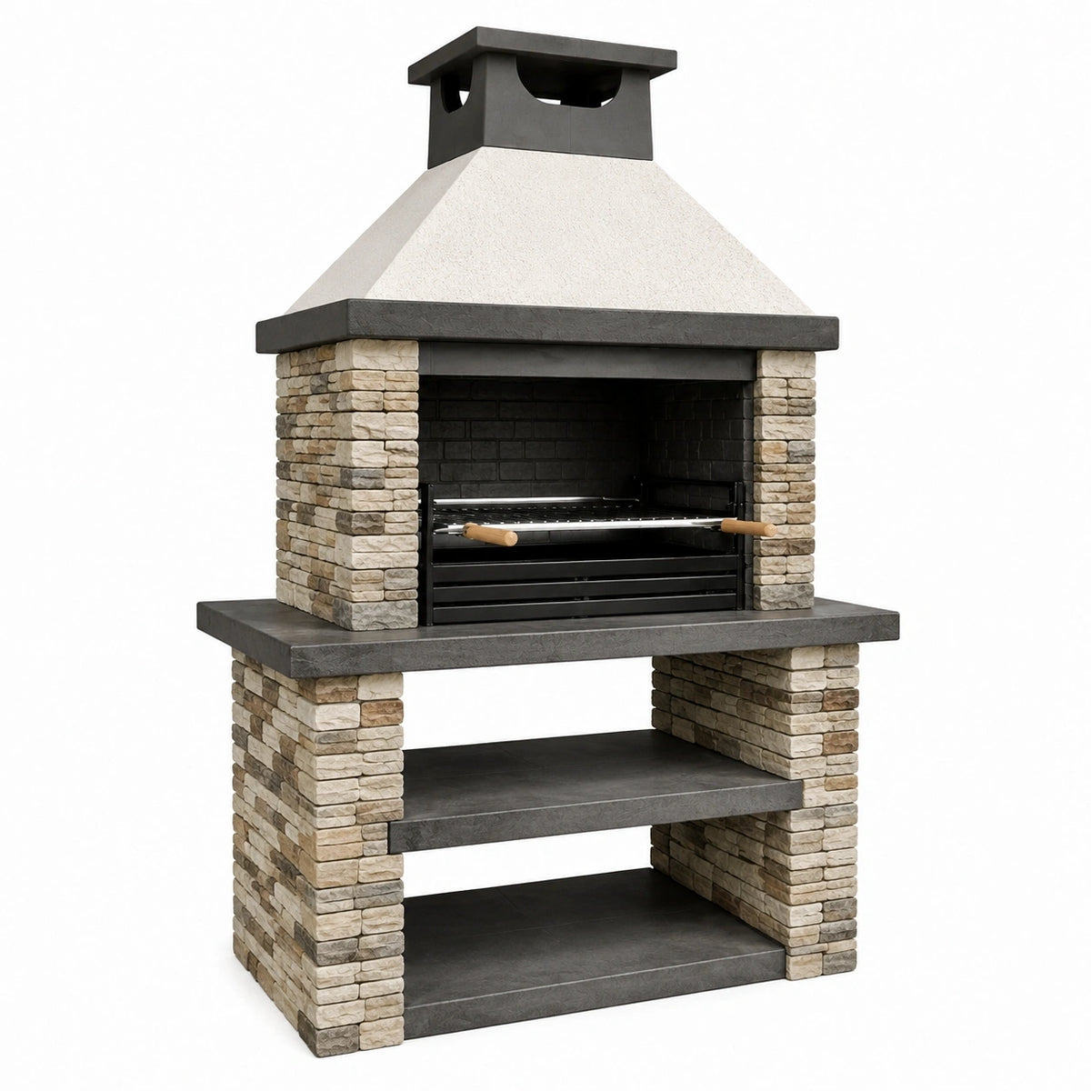 Barbecue de jardin 120 x 70 x 210 cm en pierre et métal gris beige avec grille