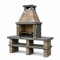 Barbecue de jardin Narqevix en pierre gris beige, 180x70x230 cm, grille métallique style rustique pour extérieur.