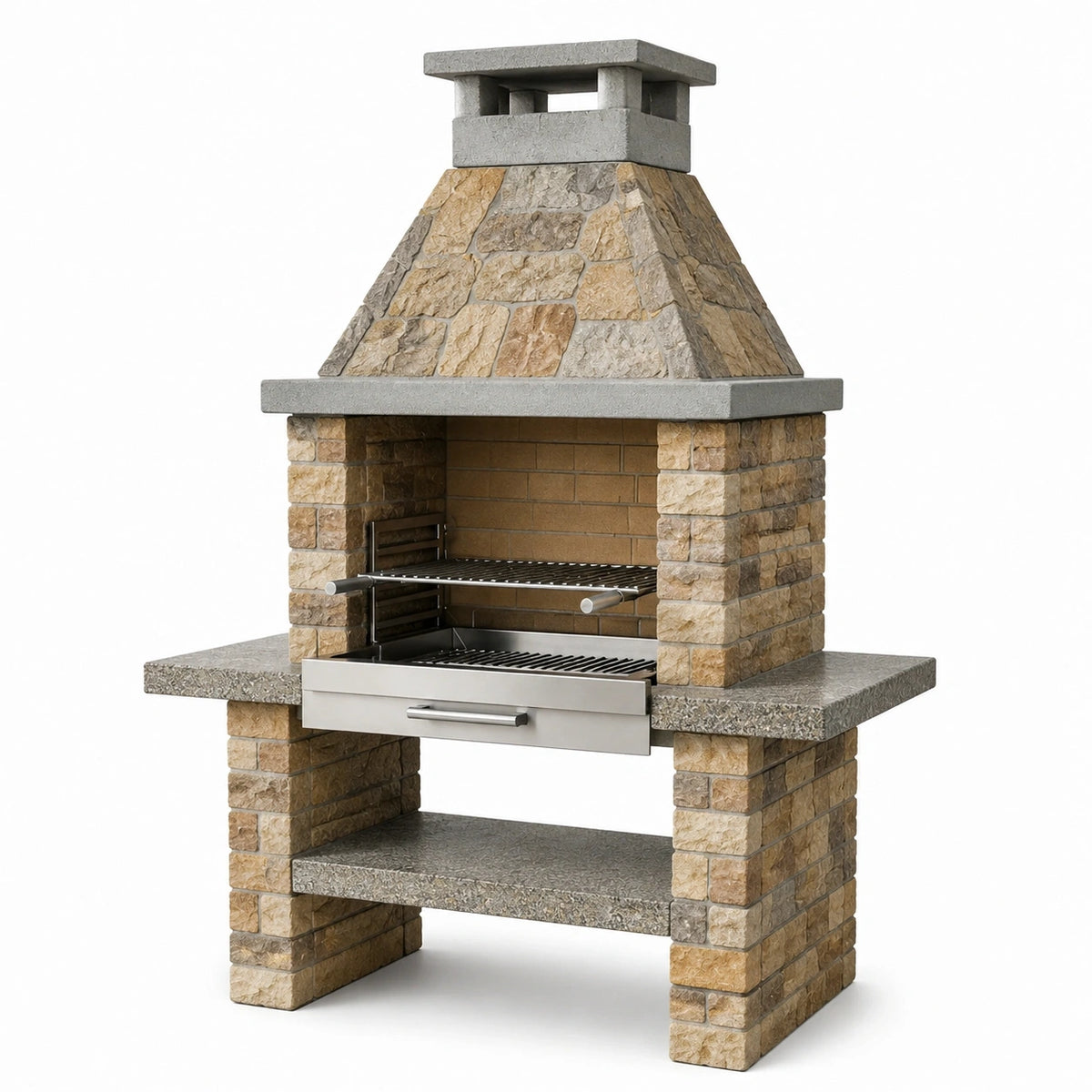 Barbecue de jardin 120 x 70 x 210 cm en pierre beige avec grilles en acier style rustique
