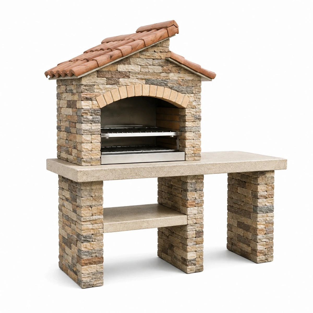 Barbecue de jardin 180 x 80 x 210 cm en pierre beige avec grilles en acier style rustique à bois