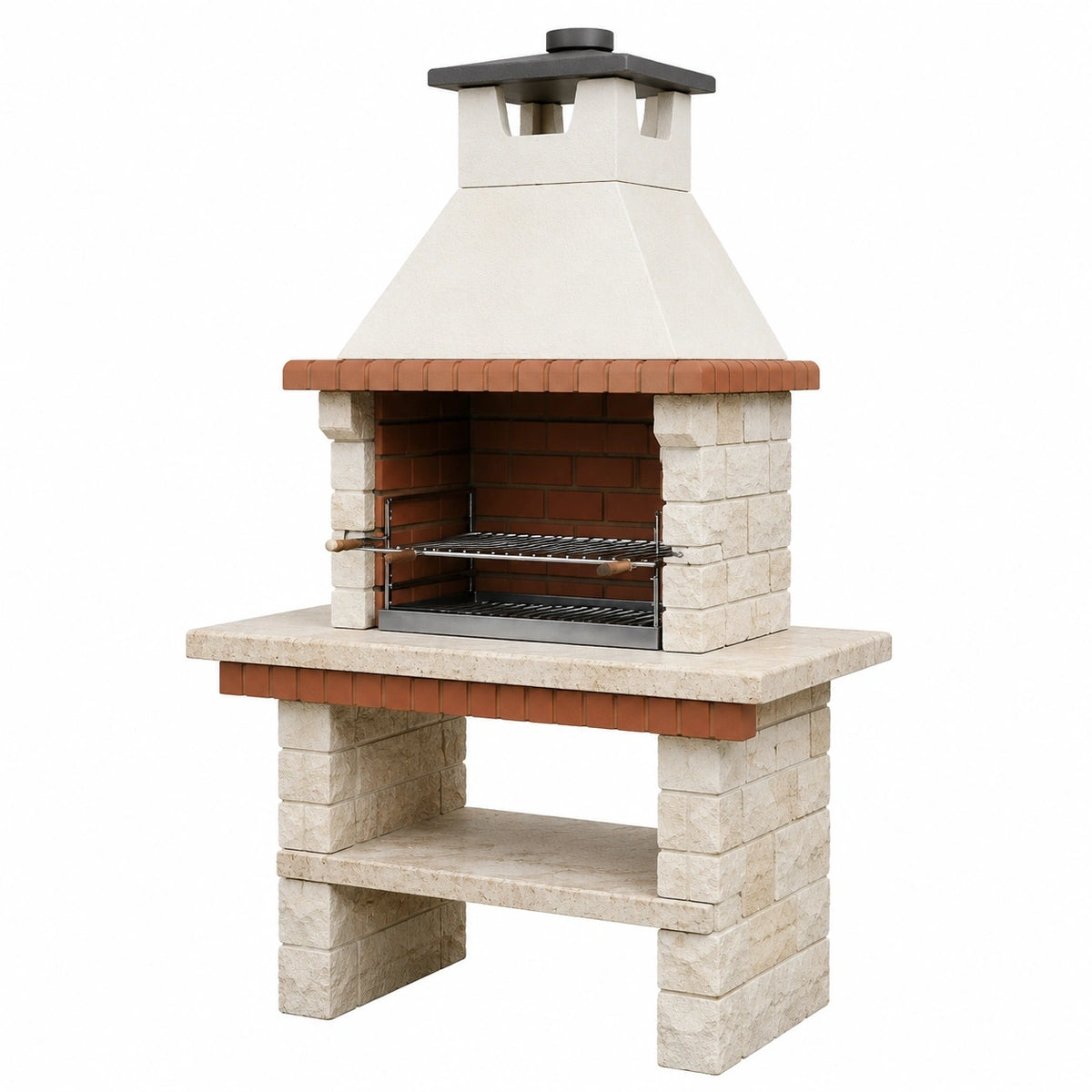 Barbecue cheminée 120 x 70 x 210 cm en pierre beige et brique avec grilles de cuisson