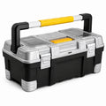 Boîte à outils Narqevix de 50 cm en plastique noir et argenté avec poignée rabattable et compartiments intégrés.