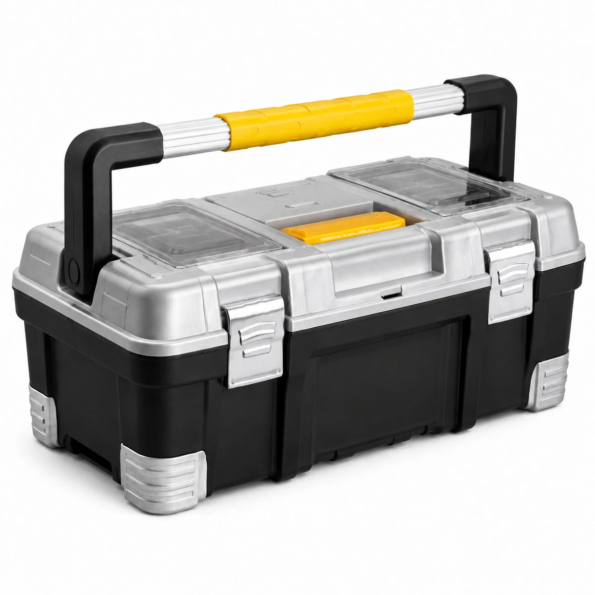 Boîte à outils Narqevix de 50 cm en plastique noir et argenté avec poignée rabattable et compartiments intégrés.