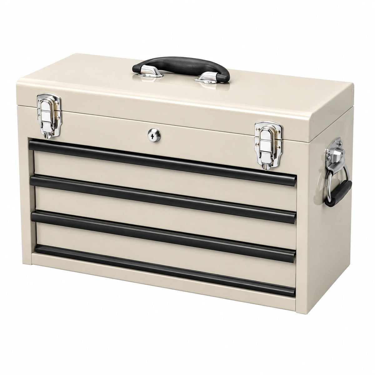 Boîte à outils Narqevix en acier beige, coffre verrouillable avec 3 tiroirs, dimensions 60x30x40 cm, rangement pratique