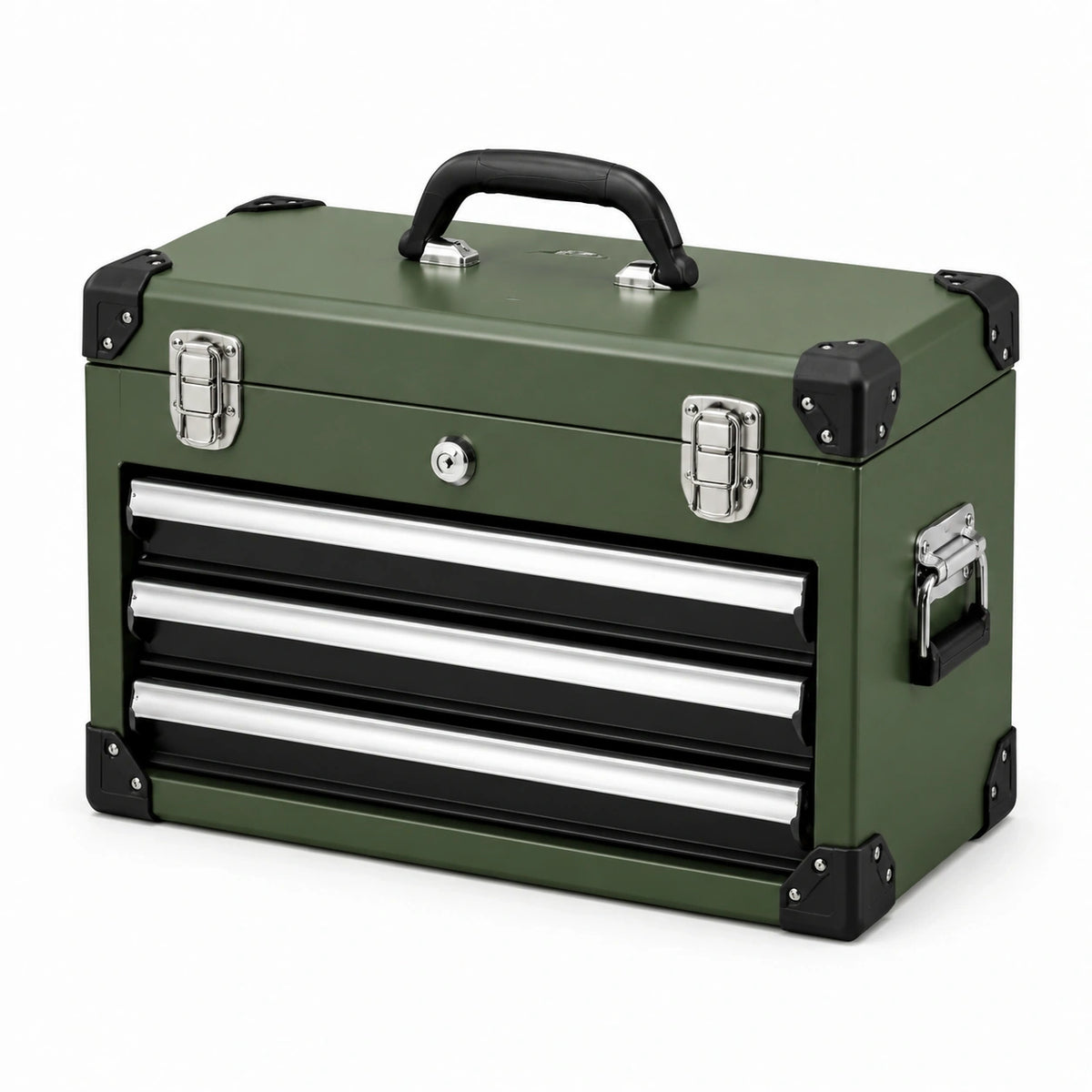 Boîte à outils en métal vert Narqevix, coffre 50x25x30 cm avec 3 tiroirs et serrure pour rangement sécurisé.