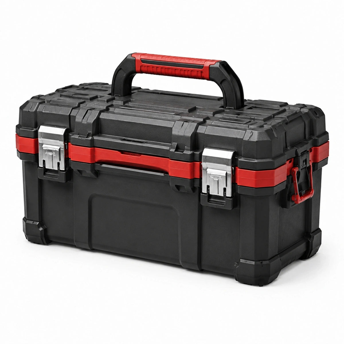 Boîte à outils Narqevix en plastique noir et rouge avec poignée de transport, dimensions 55 x 28 x 30 cm.