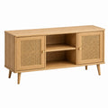 Buffet Narqevix en bois naturel et cannage, style rétro, 120x40x75 cm avec espace de rangement visible.