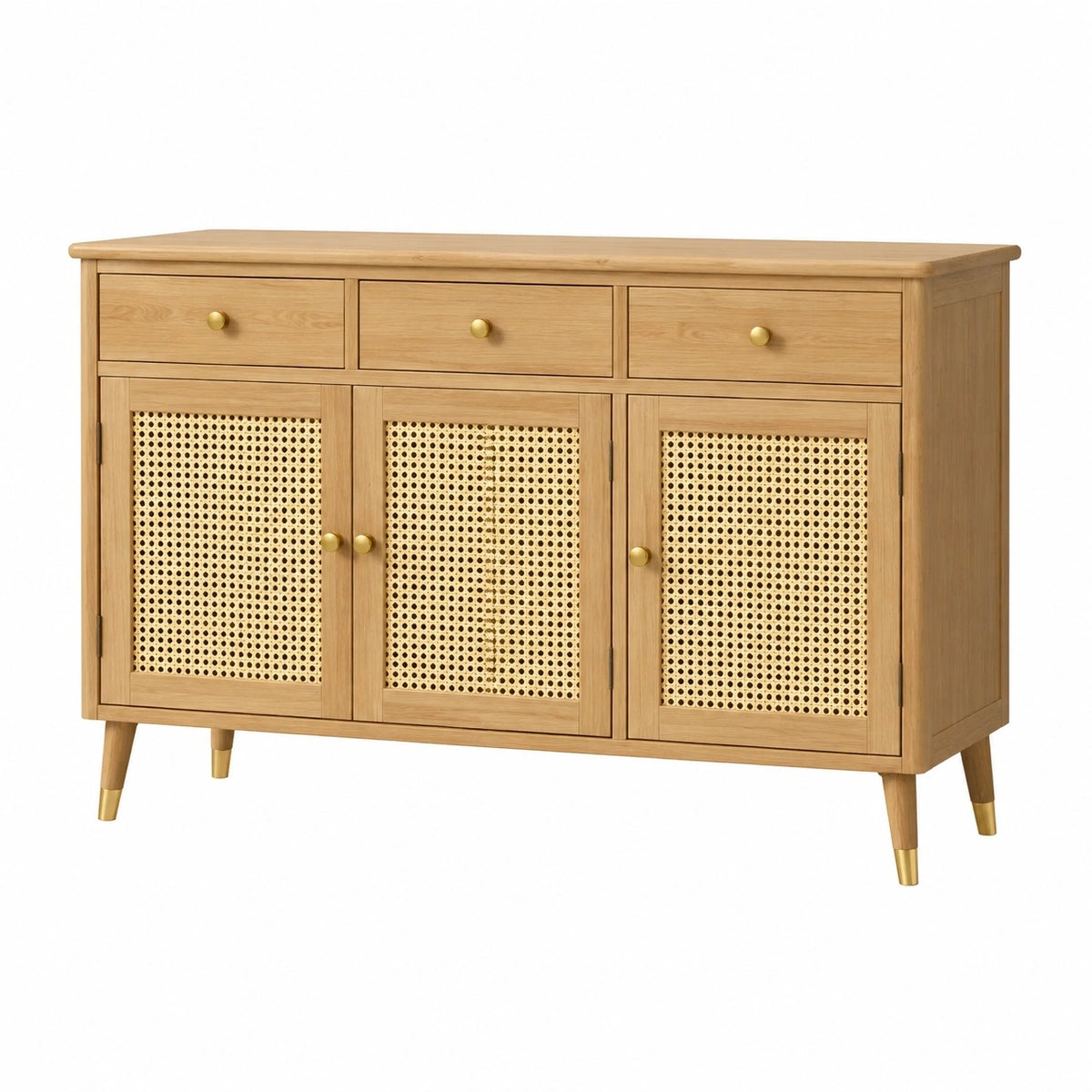 Buffet Narqevix en bois naturel et cannage, dimensions 140x40x85 cm, style rétro avec espace de rangement.