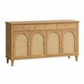 Buffet Narqevix en bois de chêne naturel et rotin, 160x40x90 cm, avec 4 portes et 3 tiroirs pour rangement élégant.
