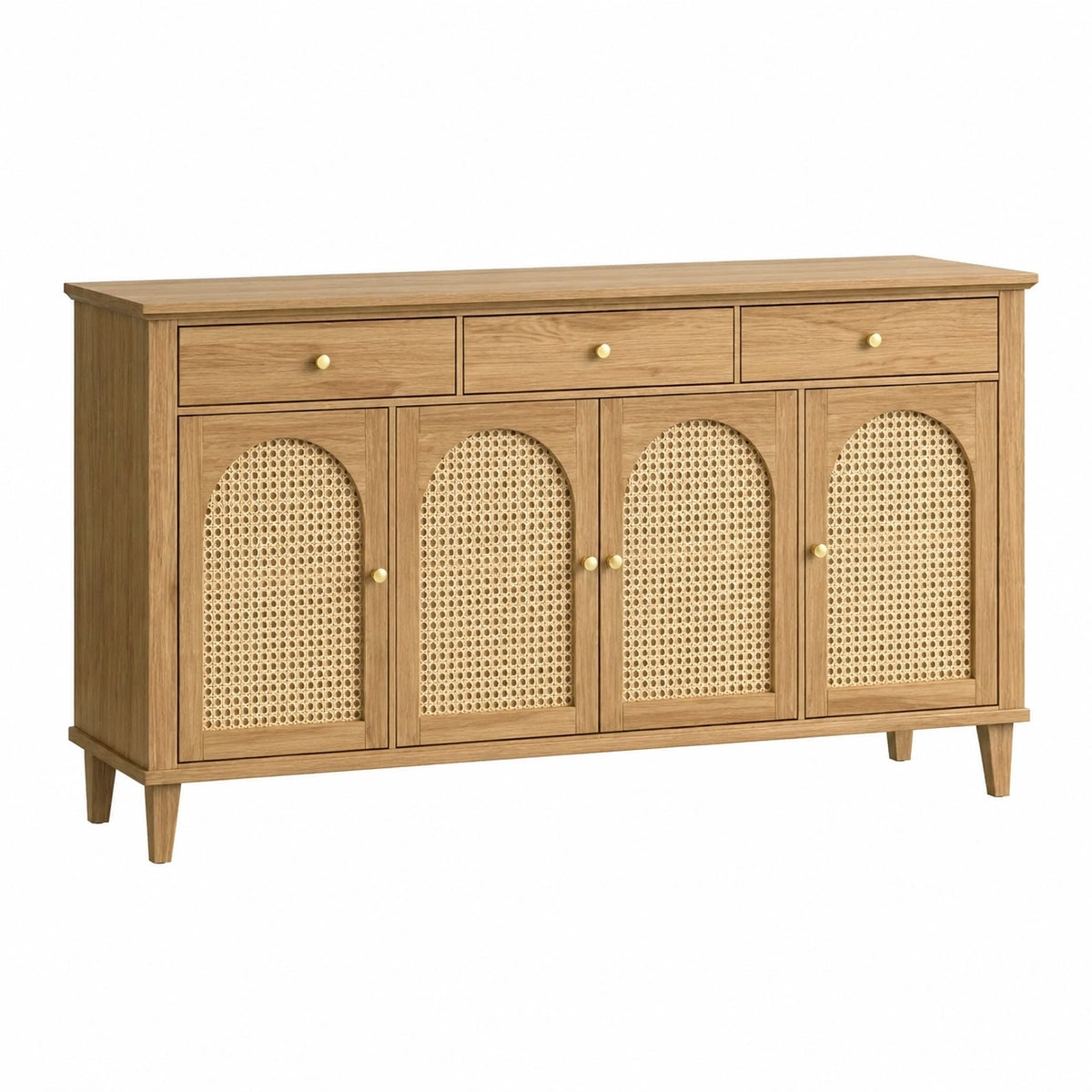 Buffet Narqevix en bois de chêne naturel et rotin, 160x40x90 cm, avec 4 portes et 3 tiroirs pour rangement élégant.