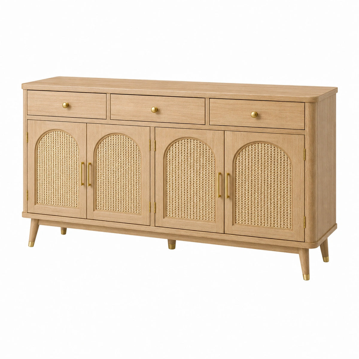 Buffet en bois beige avec cannage, dimensions 180x40x85 cm, style rétro, rangement, marque Narqevix, meuble de cuisine.
