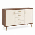 Buffet moderne Narqevix en panneaux de bois brun et crème, 150x40x90 cm, avec 2 portes et 4 tiroirs.