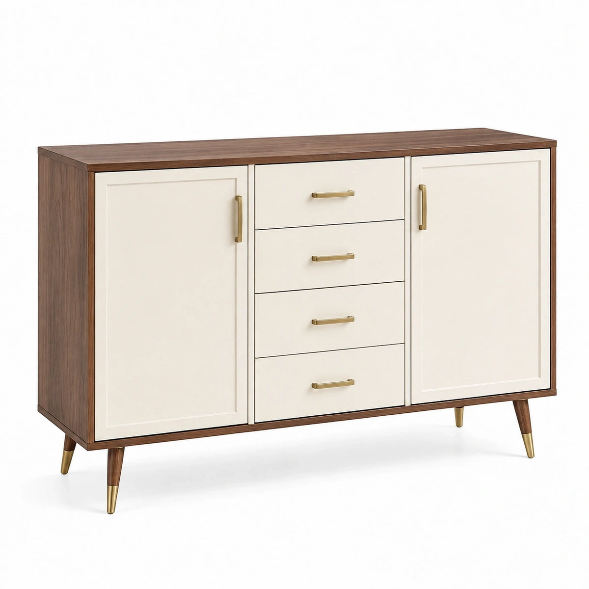 Buffet moderne Narqevix en panneaux de bois brun et crème, 150x40x90 cm, avec 2 portes et 4 tiroirs.