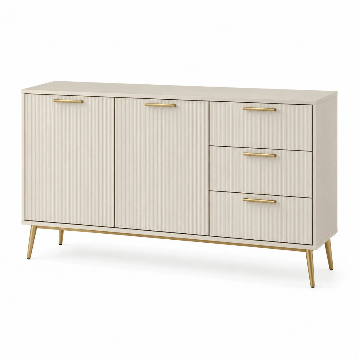 Buffet contemporain Narqevix en panneaux de bois beige, 160x40x80 cm, avec 3 tiroirs et 2 portes.