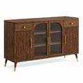 Buffet en bois brun 160x45x90 cm avec portes en verre strié, style vintage, meuble de rangement Narqevix.