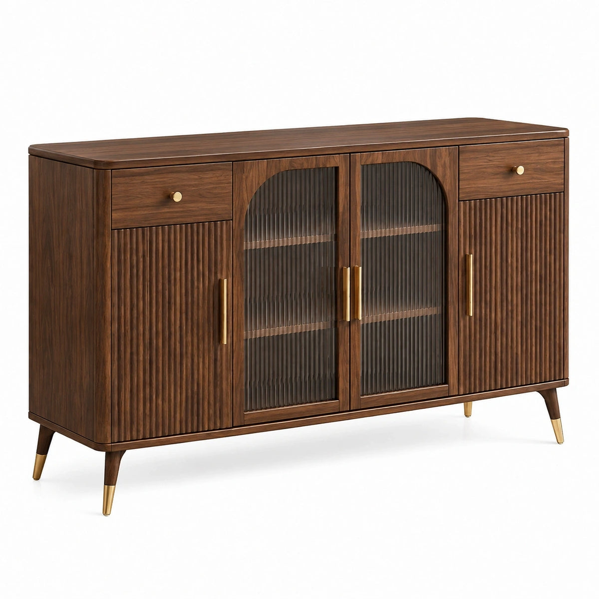 Buffet en bois brun 160x45x90 cm avec portes en verre strié, style vintage, meuble de rangement Narqevix.