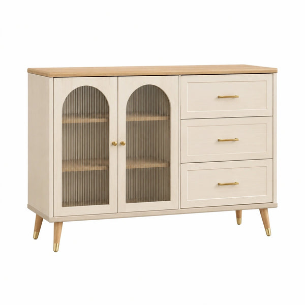 Buffet Narqevix 120 cm en panneaux de bois beige avec verre strié et tiroirs, style rétro, meuble de rangement élégant.