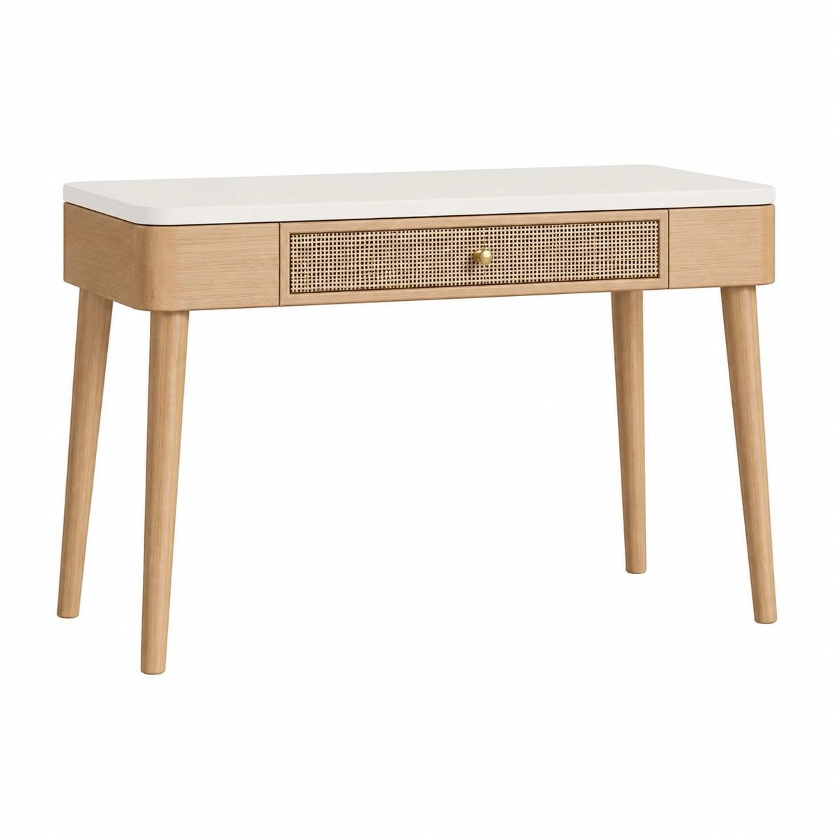 Bureau Narqevix en bois beige et blanc, 100x50x75 cm, avec tiroir en cannage, style scandinave, mobilier de bureau élégant