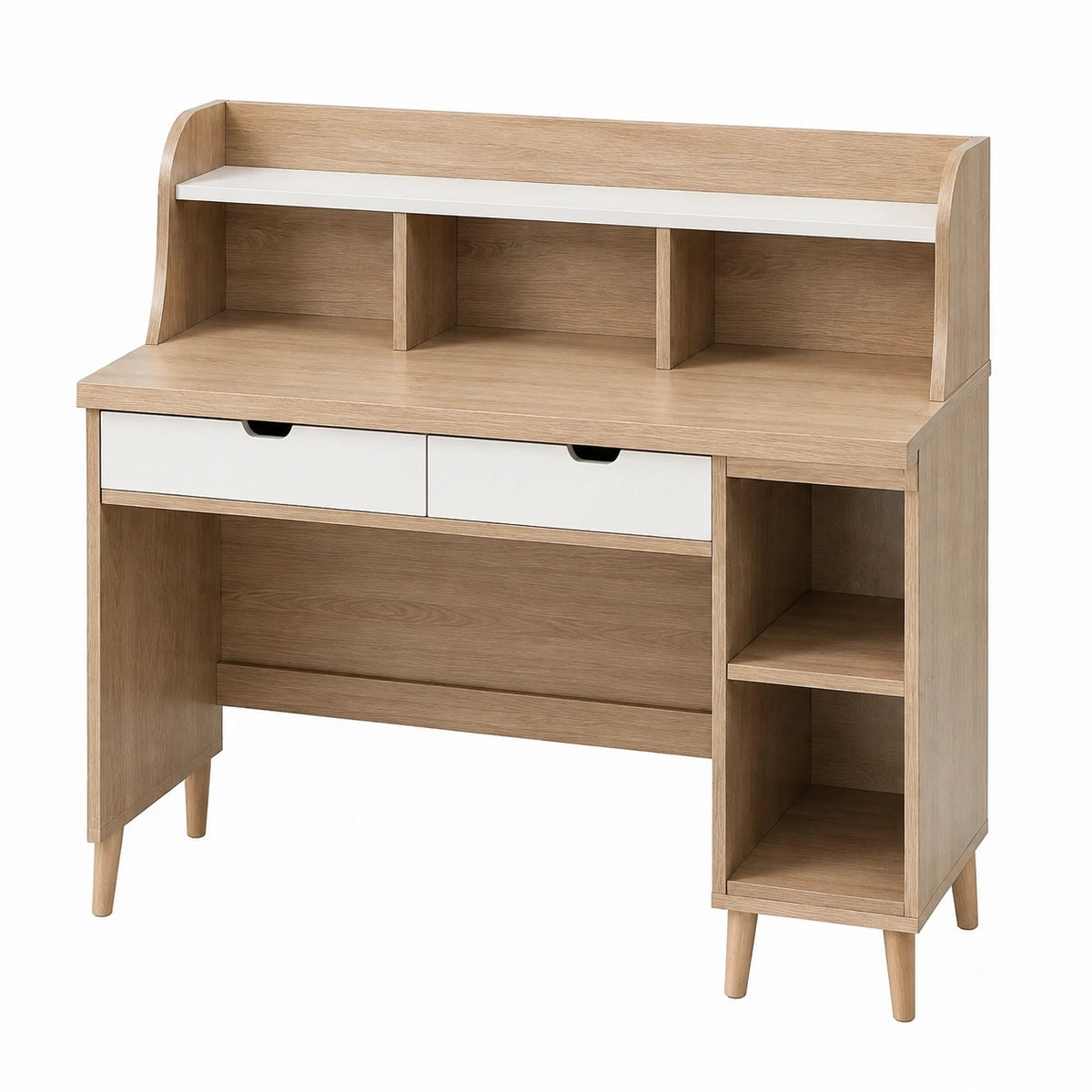 Bureau Narqevix en bois chêne clair et blanc avec étagères, dimensions 120x60x140 cm, style scandinave avec rangements.