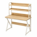 Bureau Narqevix en bois beige avec étagères, dimensions 100x55x140 cm, métal blanc, style scandinave, espace de rangement.