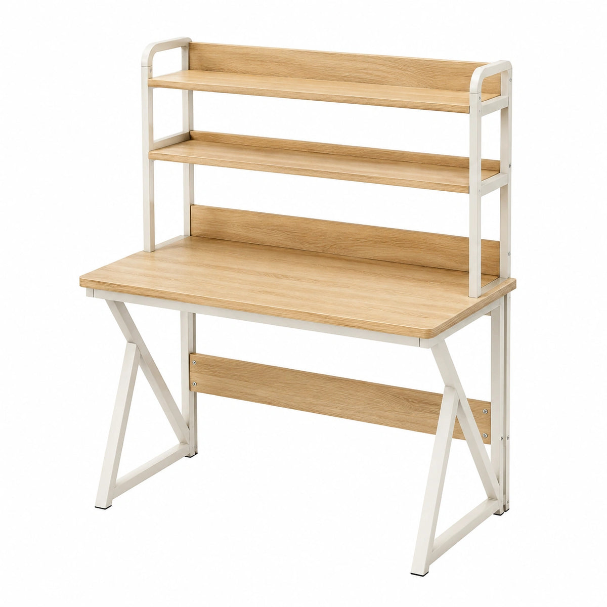 Bureau Narqevix en bois beige avec étagères, dimensions 100x55x140 cm, métal blanc, style scandinave, espace de rangement.