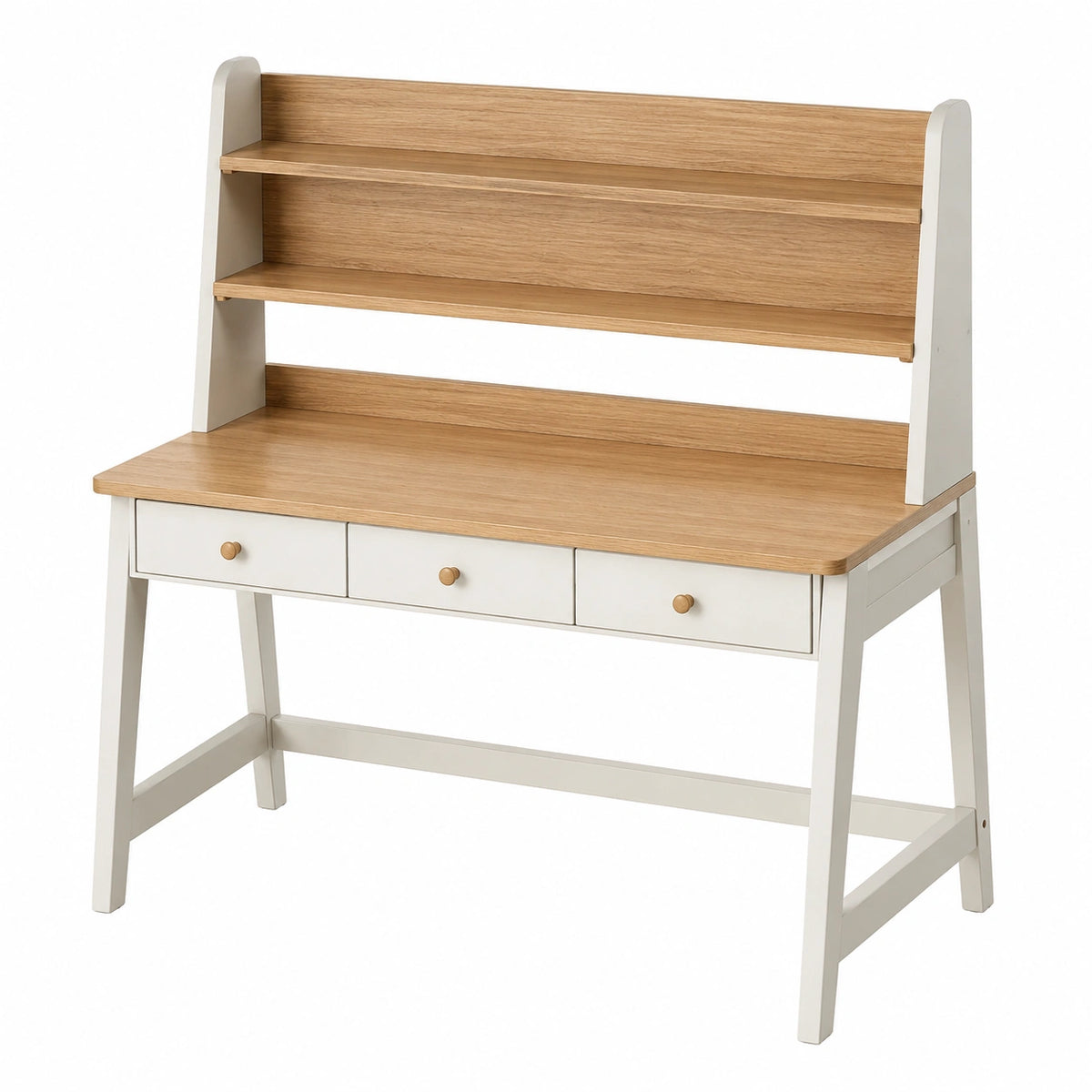 Bureau Narqevix avec étagères, dimensions 120x60x145 cm, en panneaux de bois blanc et chêne, avec 3 tiroirs, style scandinave