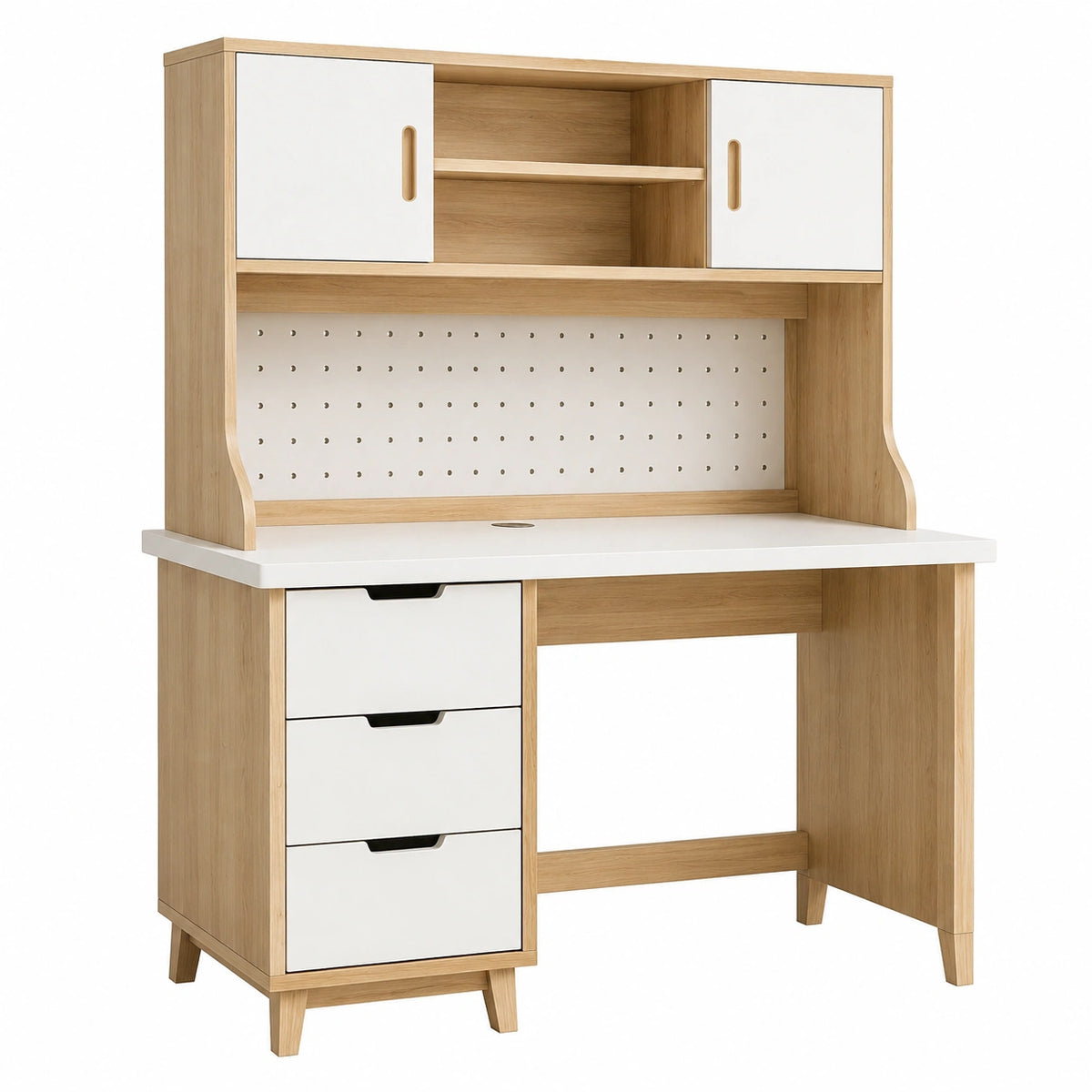 Bureau Narqevix en bois clair et blanc, style scandinave, 120 x 60 x 180 cm avec espace de rangement visible.