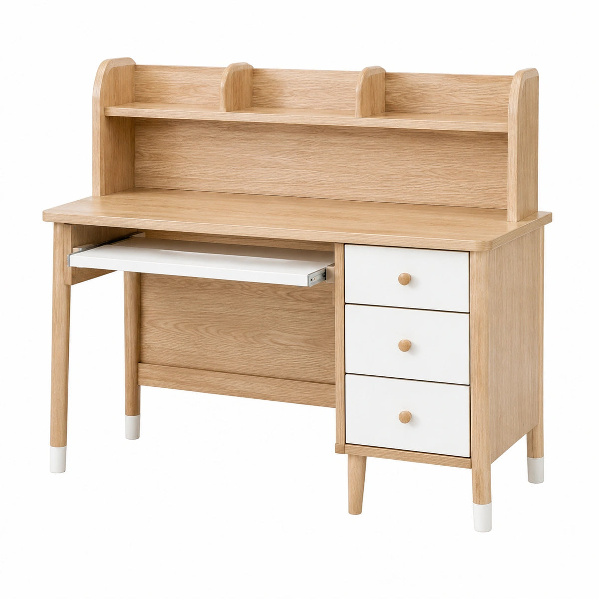 Bureau en bois de chêne blanc Narqevix, 140 cm, avec tiroirs et tablette coulissante, style scandinave.
