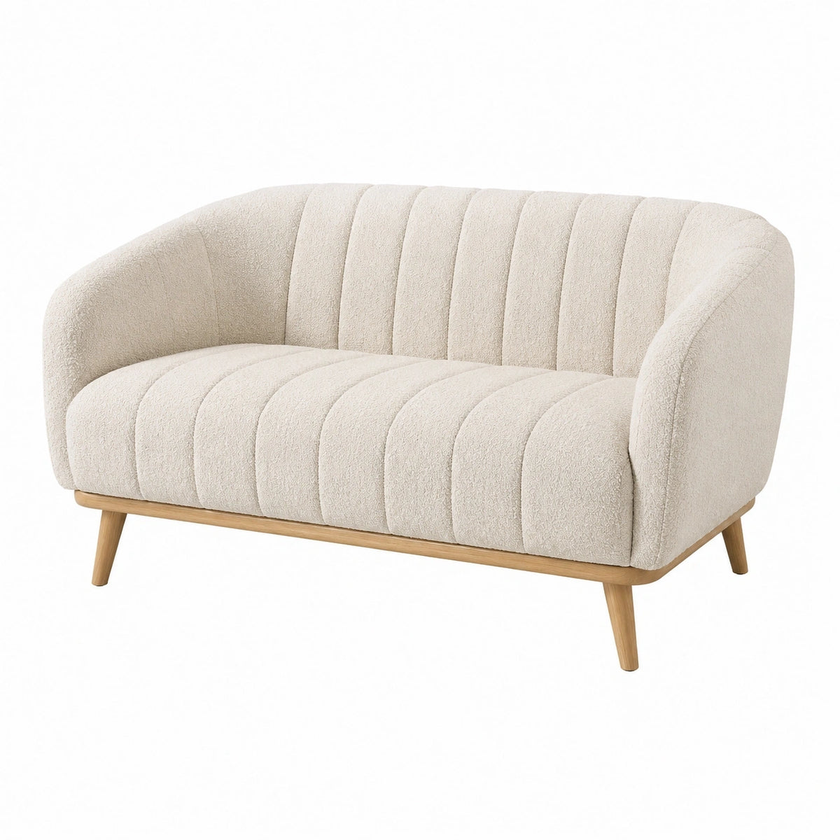 Canapé 2 places en tissu bouclette écru avec pieds en bois, style scandinave, de la marque Narqevix, visible en image