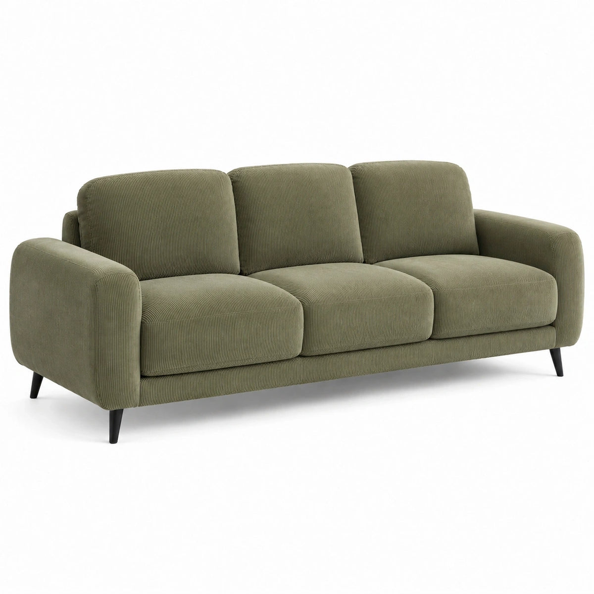 Canapé 3 places Narqevix en textile côtelé vert, style contemporain, dimensions 210x90x85 cm, assise confortable et moderne.