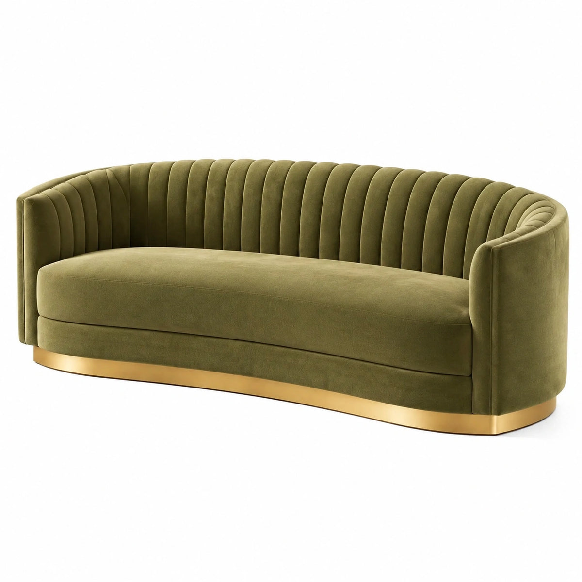 Canapé 3 places en velours vert olive avec base dorée, style contemporain, dimensions 180x85x78 cm, par Narqevix